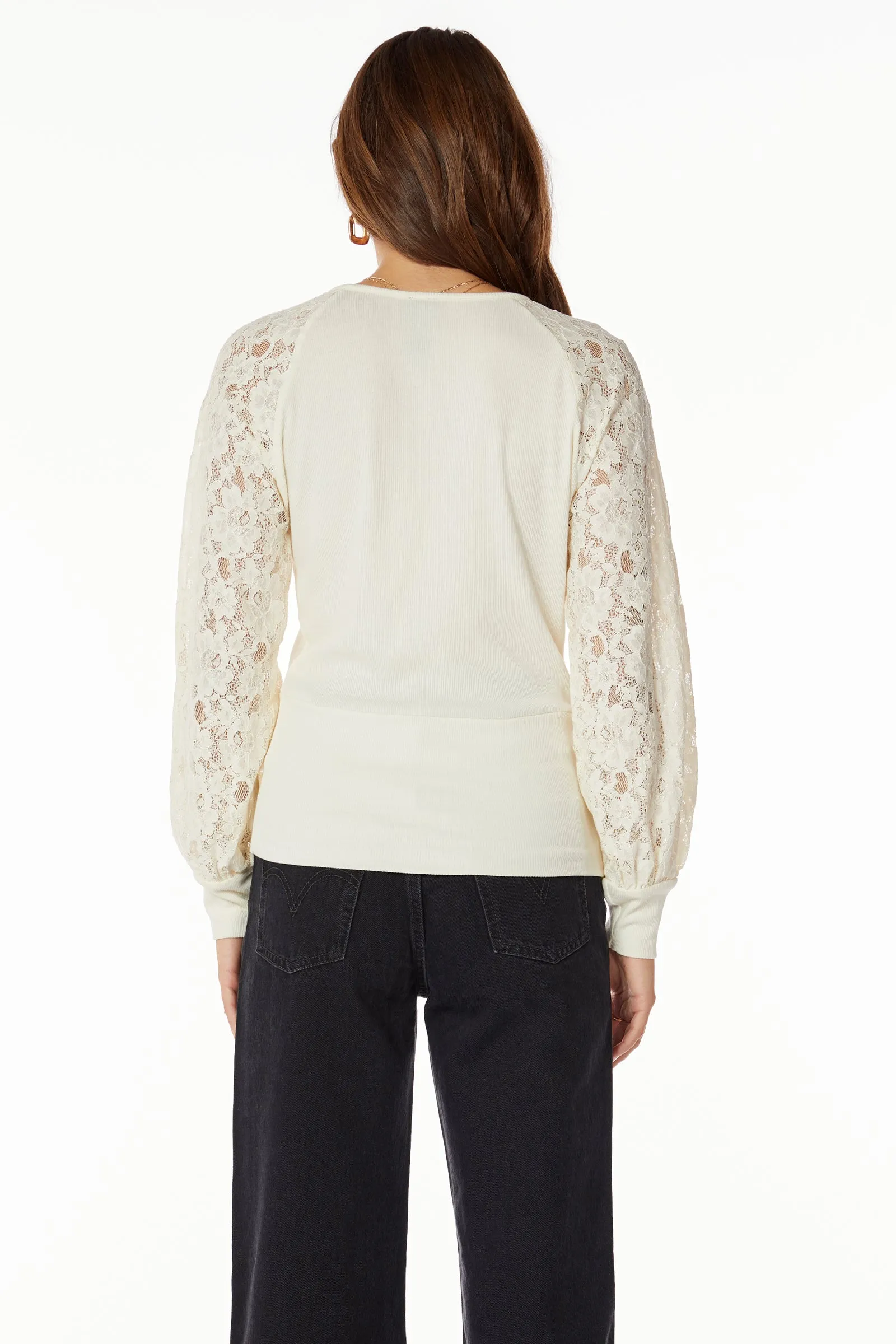 SURPLICE TOP WITH LACE SLEEVES