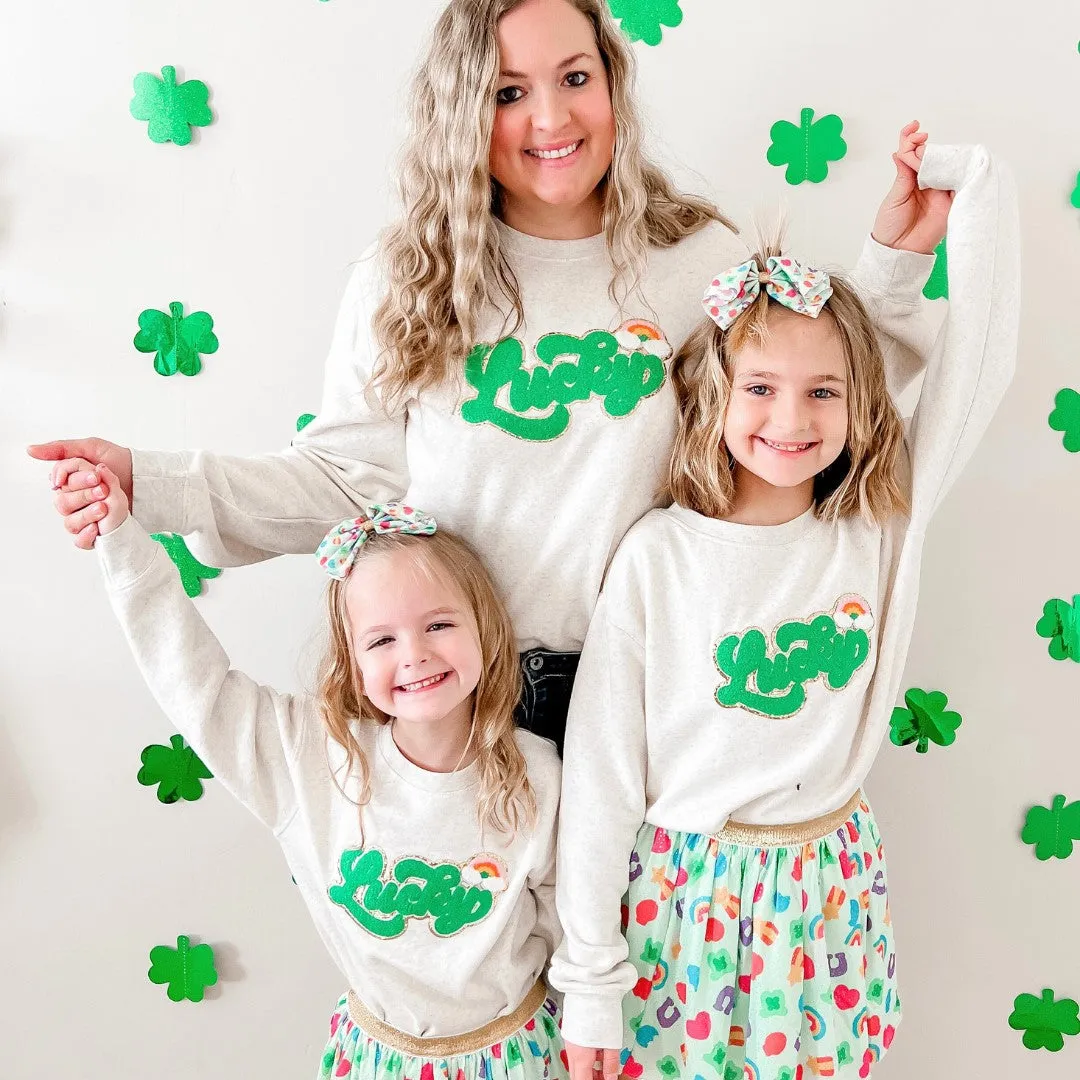 Sweet Wink Lucky Script Patch St. Patrick's Day Adult Sweatshirt - Natural