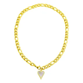 Tarnish Resistant 14K Gold Plated Figaro Chain With Crystal Halo Mother-of-Pearl Heart