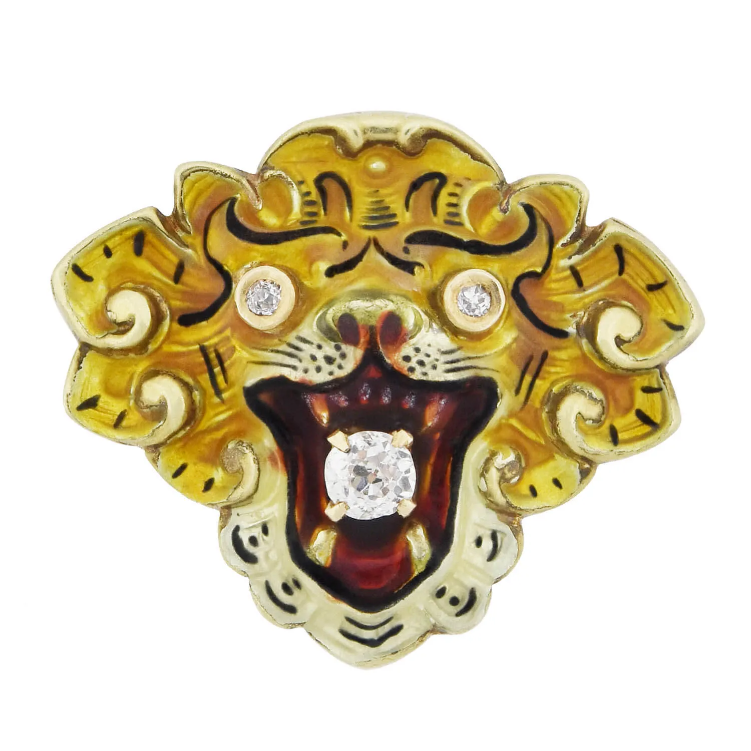 Victorian 14kt Diamond   Enameled Lion Pendant 0.25ctw