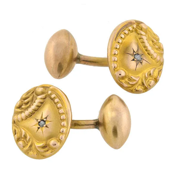 Victorian 14kt Repousse Rose Cut Diamond Cufflinks