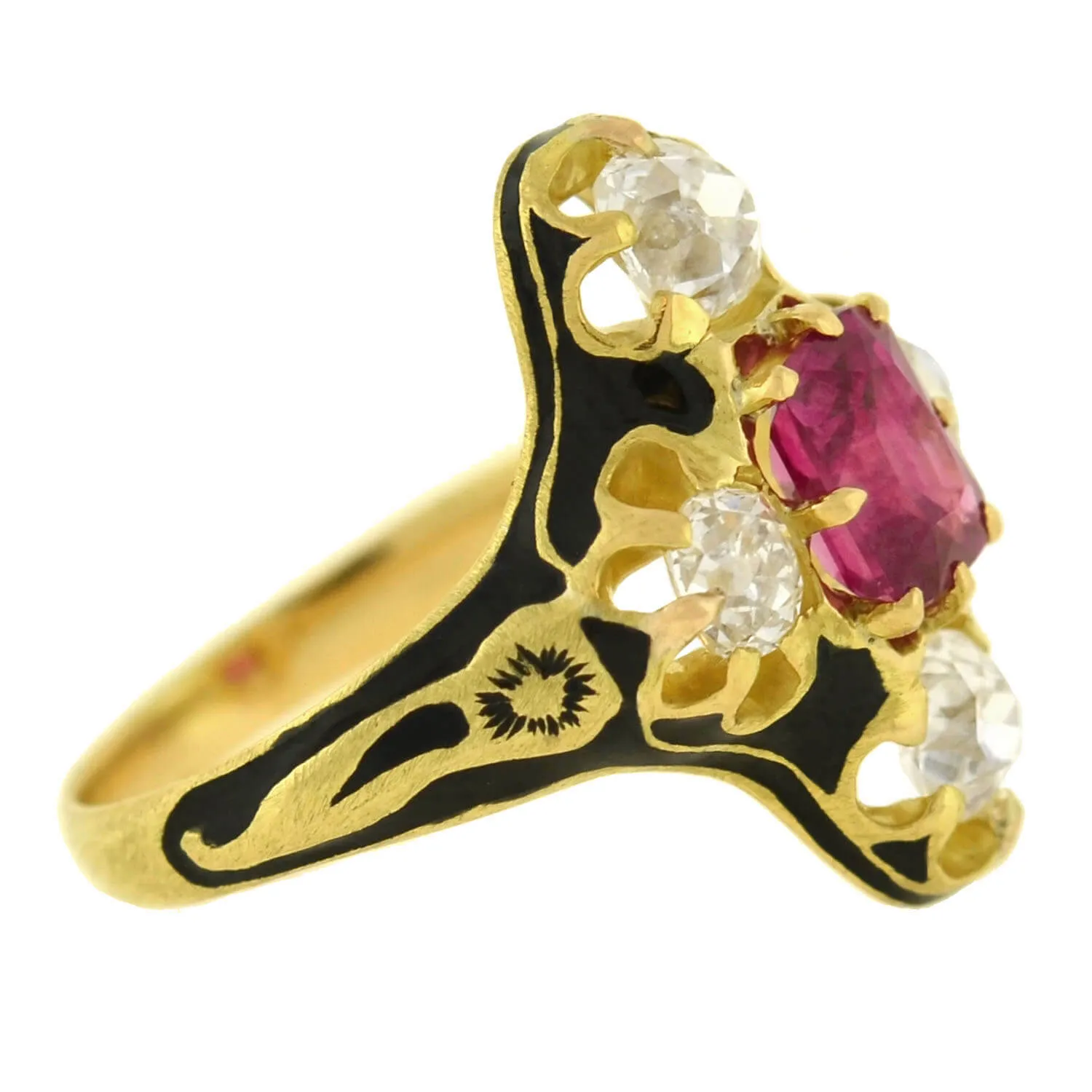 Victorian 18kt Natural No Heat Burma Ruby   Diamond Enamel Ring