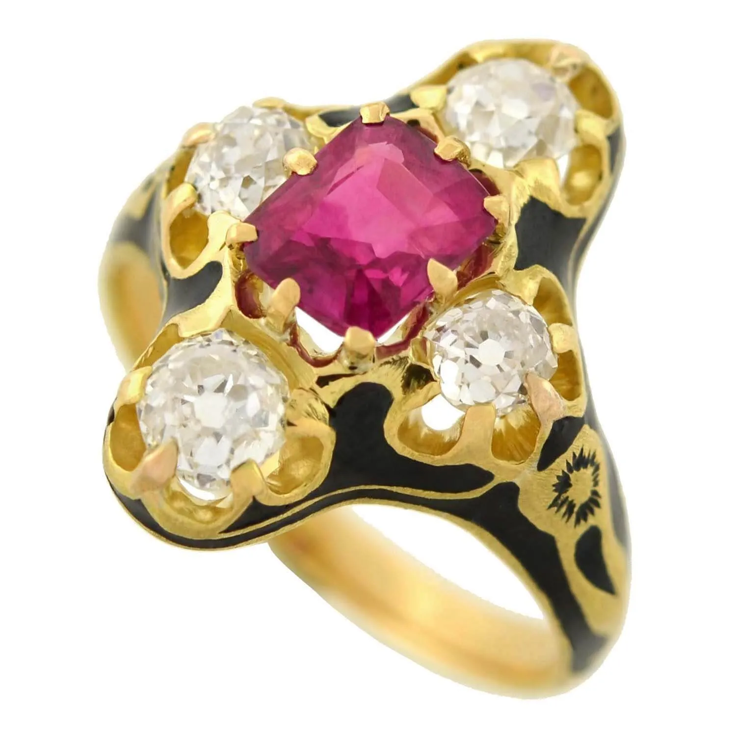 Victorian 18kt Natural No Heat Burma Ruby   Diamond Enamel Ring