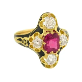 Victorian 18kt Natural No Heat Burma Ruby   Diamond Enamel Ring