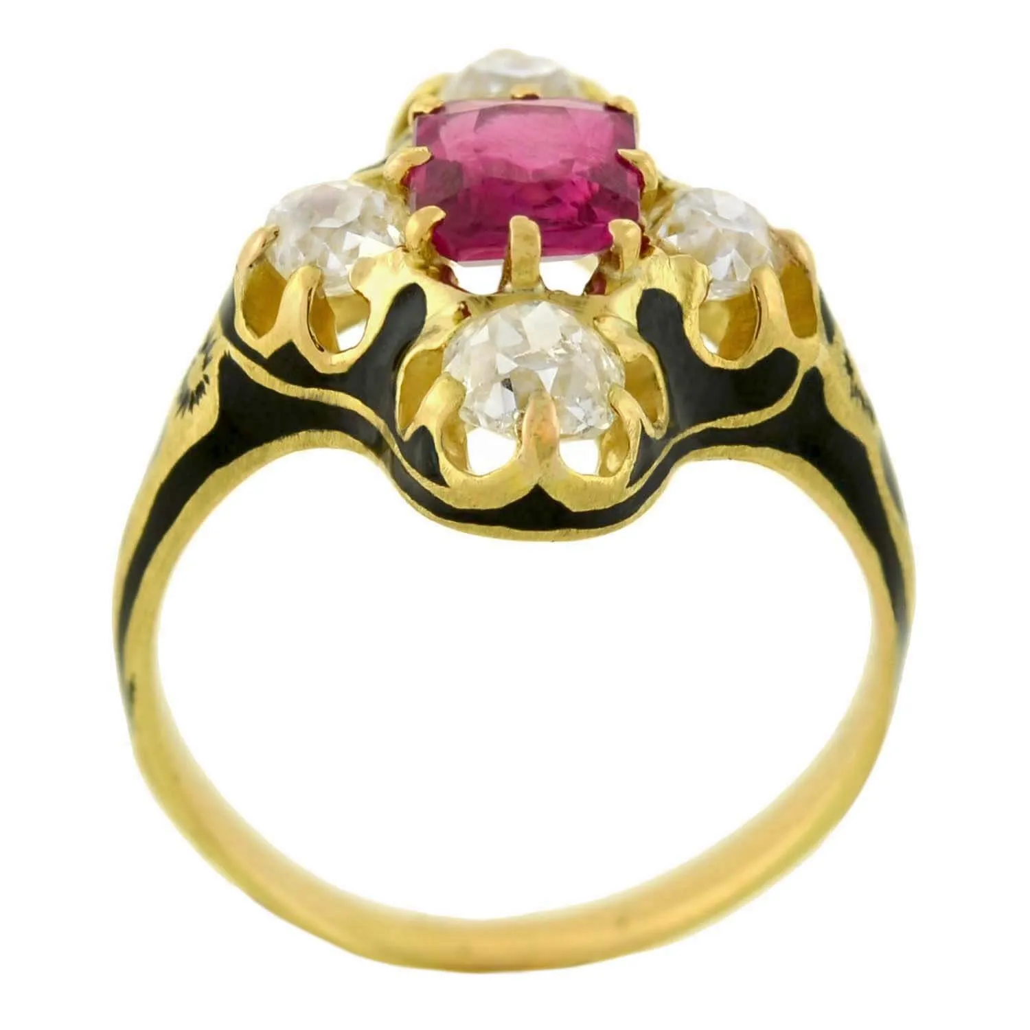 Victorian 18kt Natural No Heat Burma Ruby   Diamond Enamel Ring