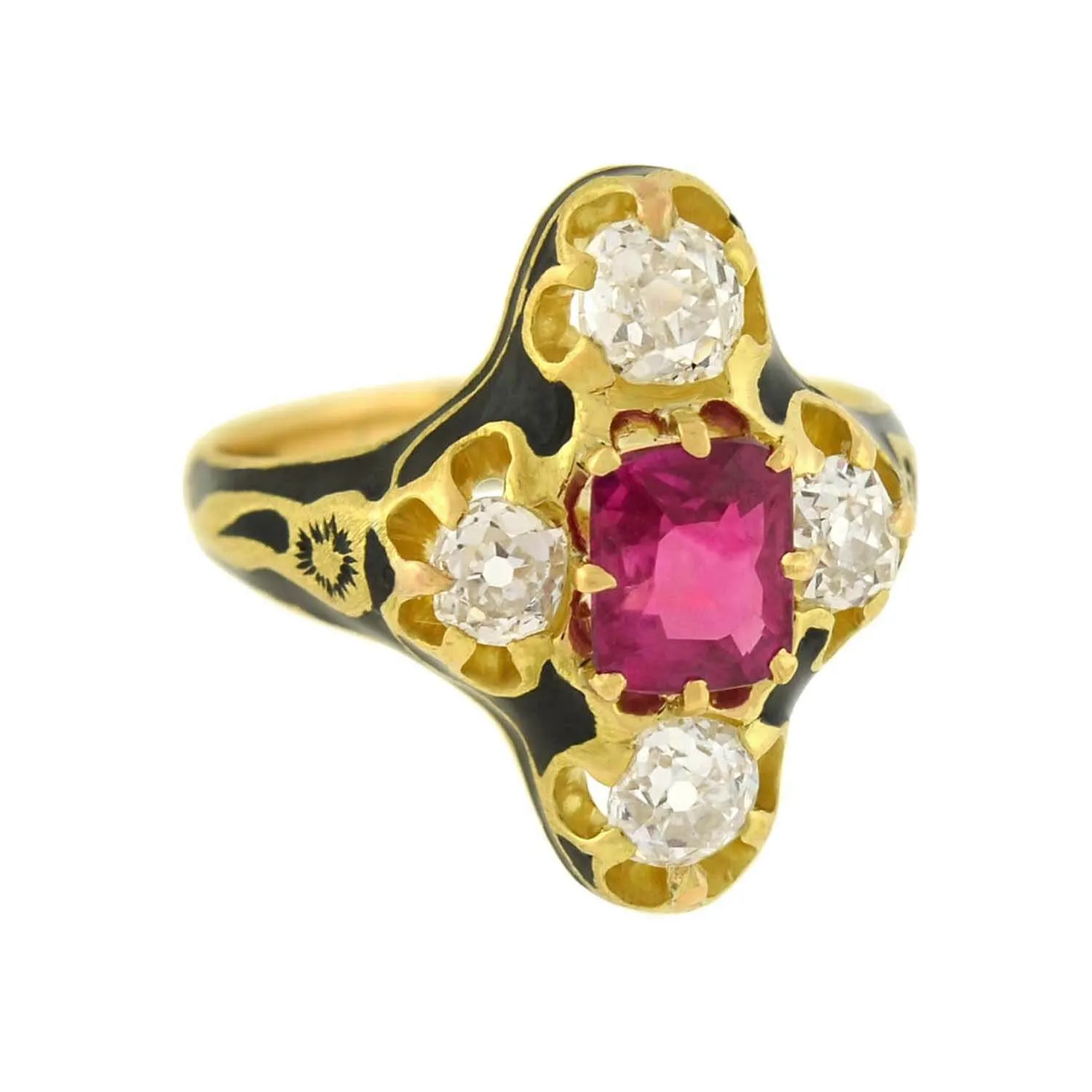 Victorian 18kt Natural No Heat Burma Ruby   Diamond Enamel Ring