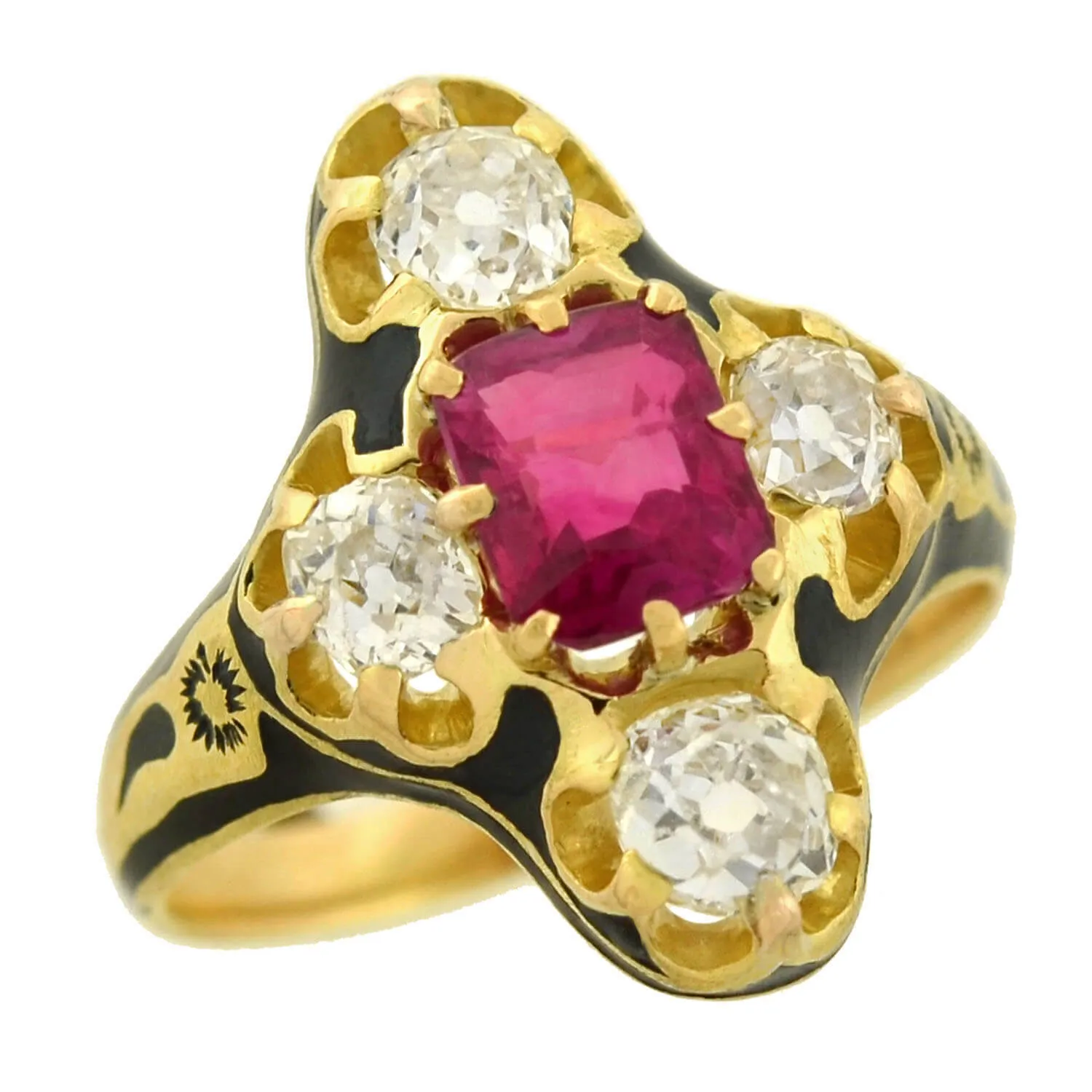 Victorian 18kt Natural No Heat Burma Ruby   Diamond Enamel Ring