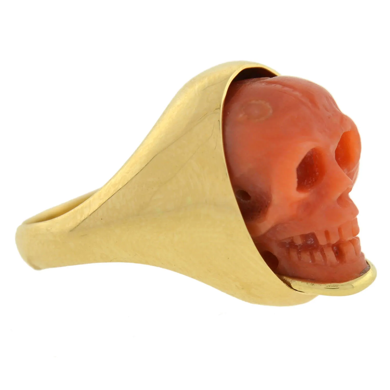 Victorian Style 18kt Hand Carved Natural Coral Skull Ring