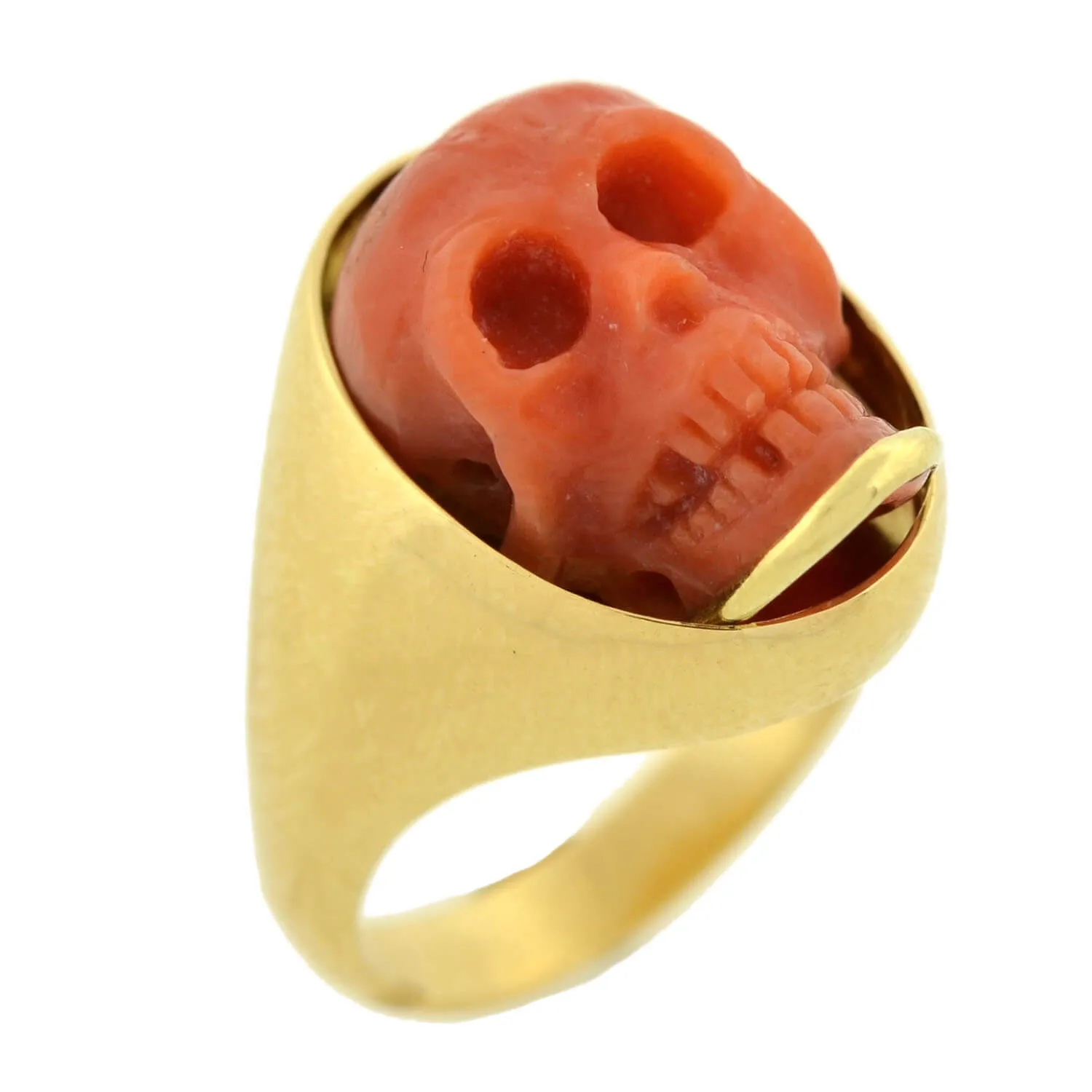 Victorian Style 18kt Hand Carved Natural Coral Skull Ring