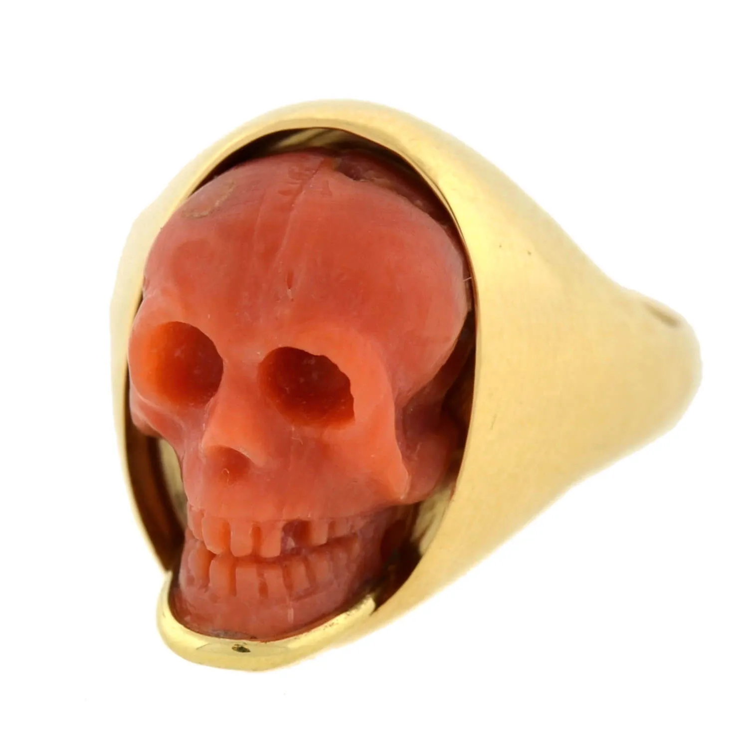 Victorian Style 18kt Hand Carved Natural Coral Skull Ring