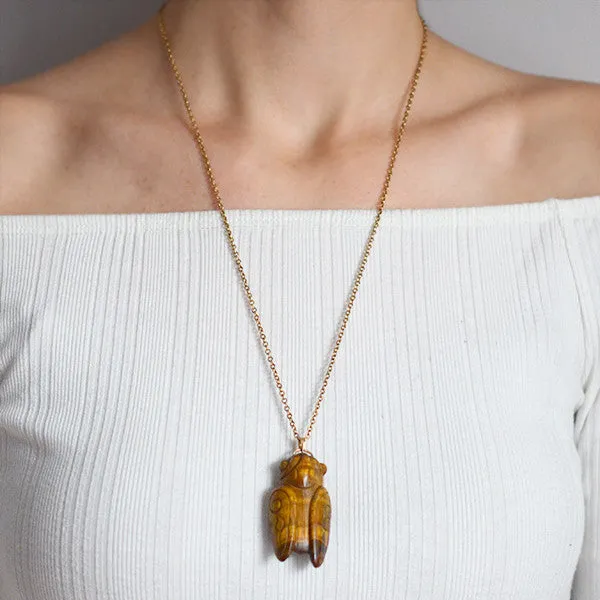 Vintage 14kt Carved Tiger's Eye Cicada Pendant