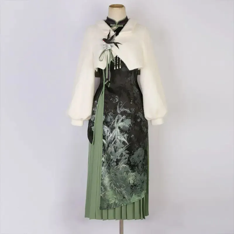 Vintage Bamboo Print Cheongsam Dress