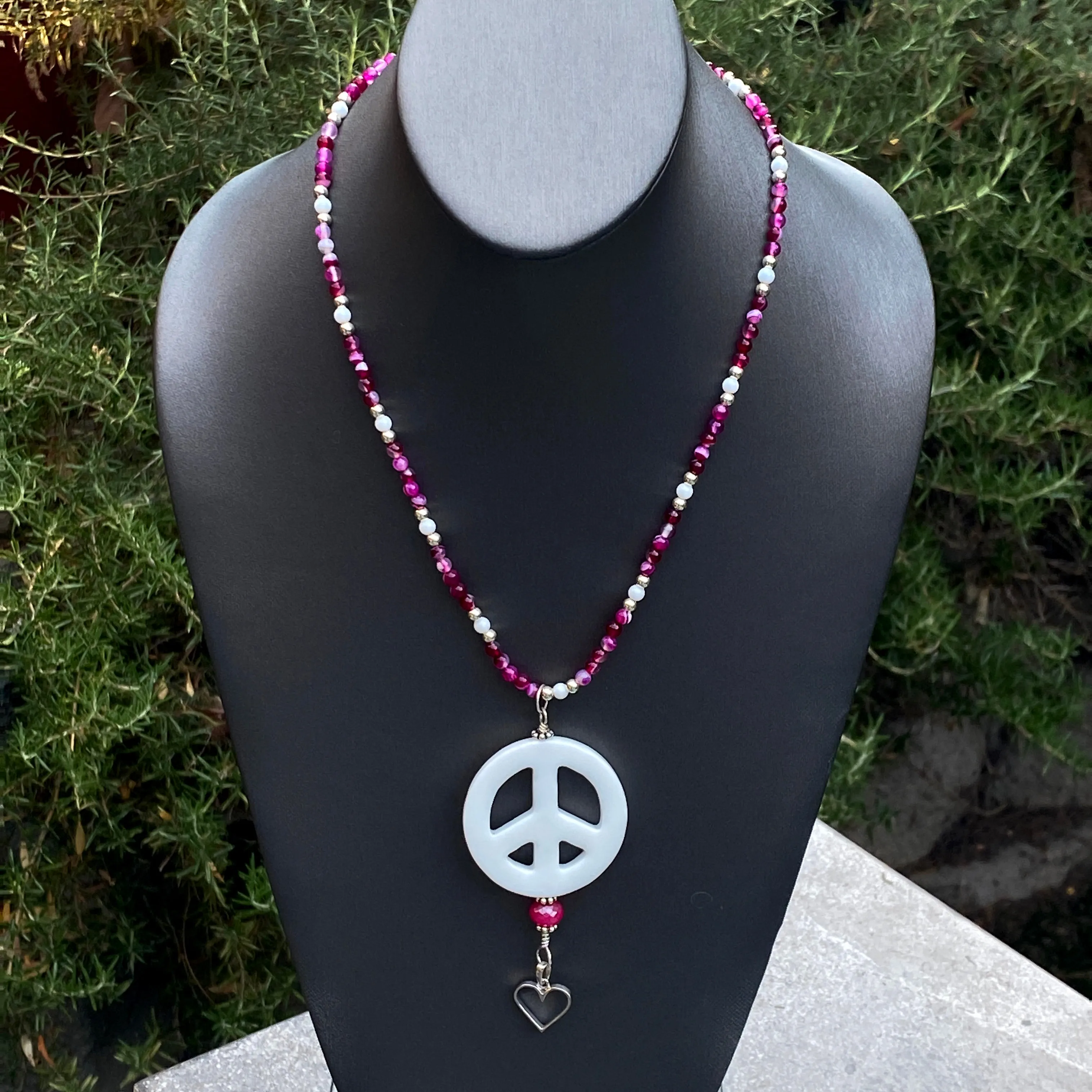 White Agate Peace Sign W/ Pink Banded Agate Sterling Silver Heart & Chalcedony