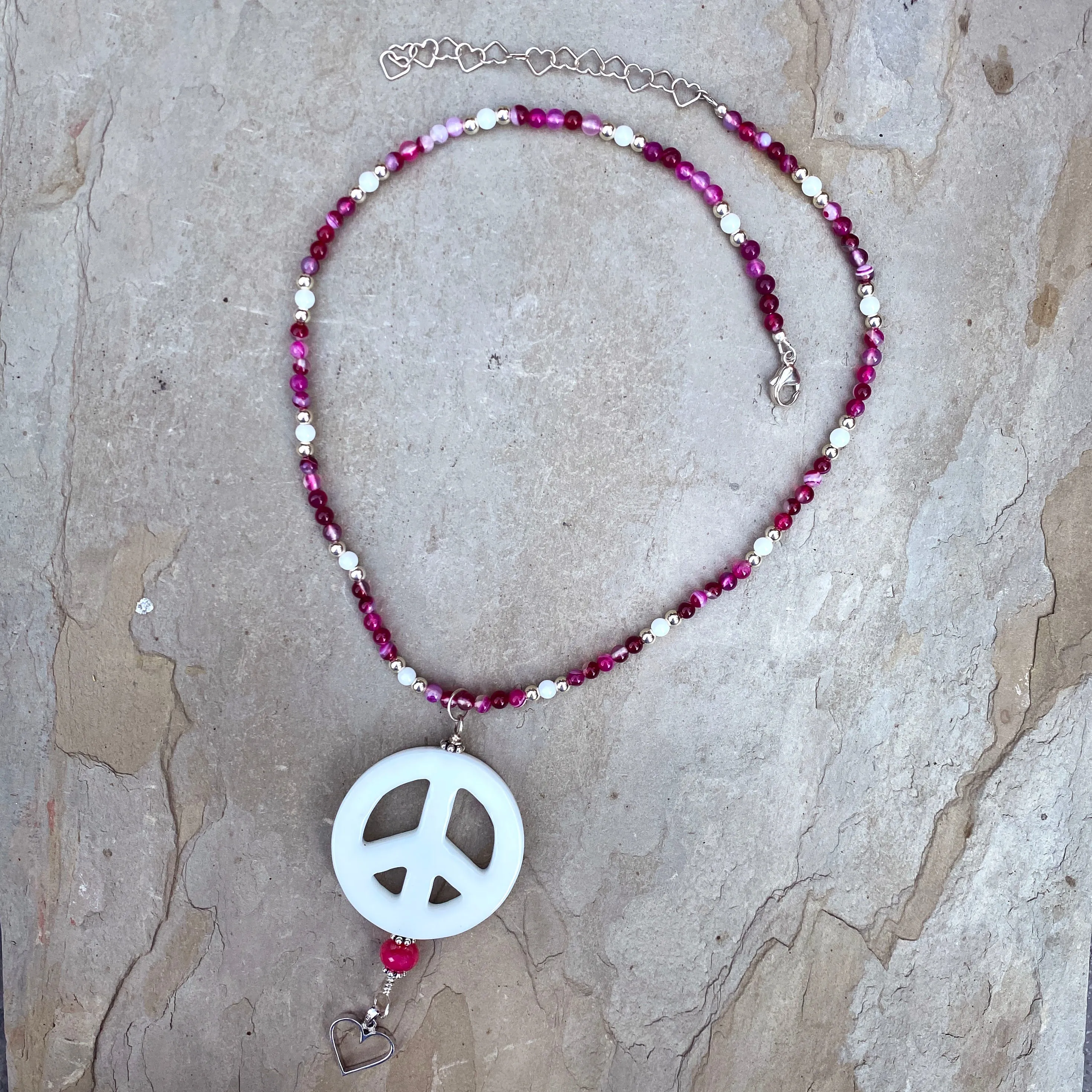 White Agate Peace Sign W/ Pink Banded Agate Sterling Silver Heart & Chalcedony