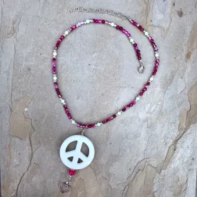 White Agate Peace Sign W/ Pink Banded Agate Sterling Silver Heart & Chalcedony