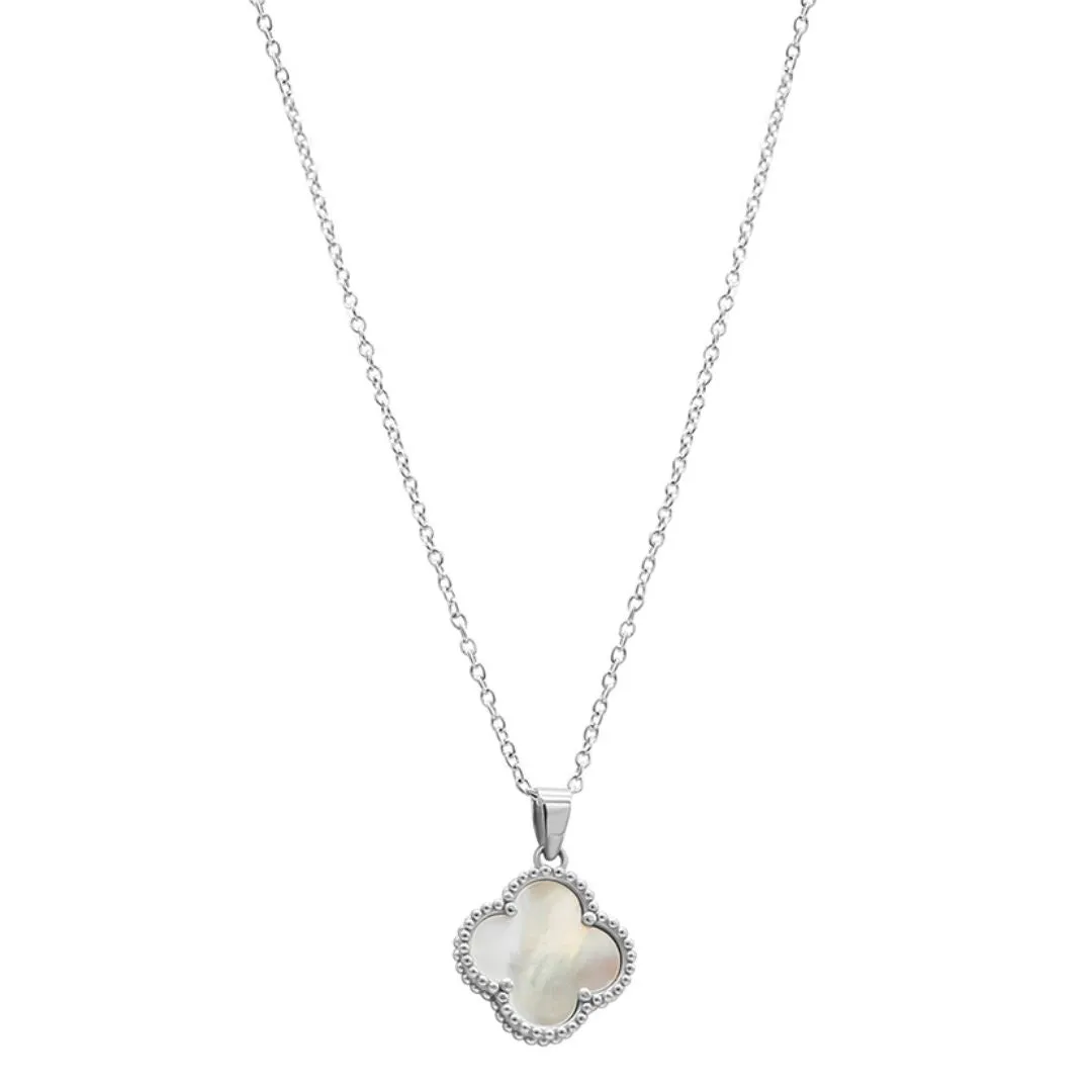 White Mother of Pearl Flower Necklace silver yellow gold