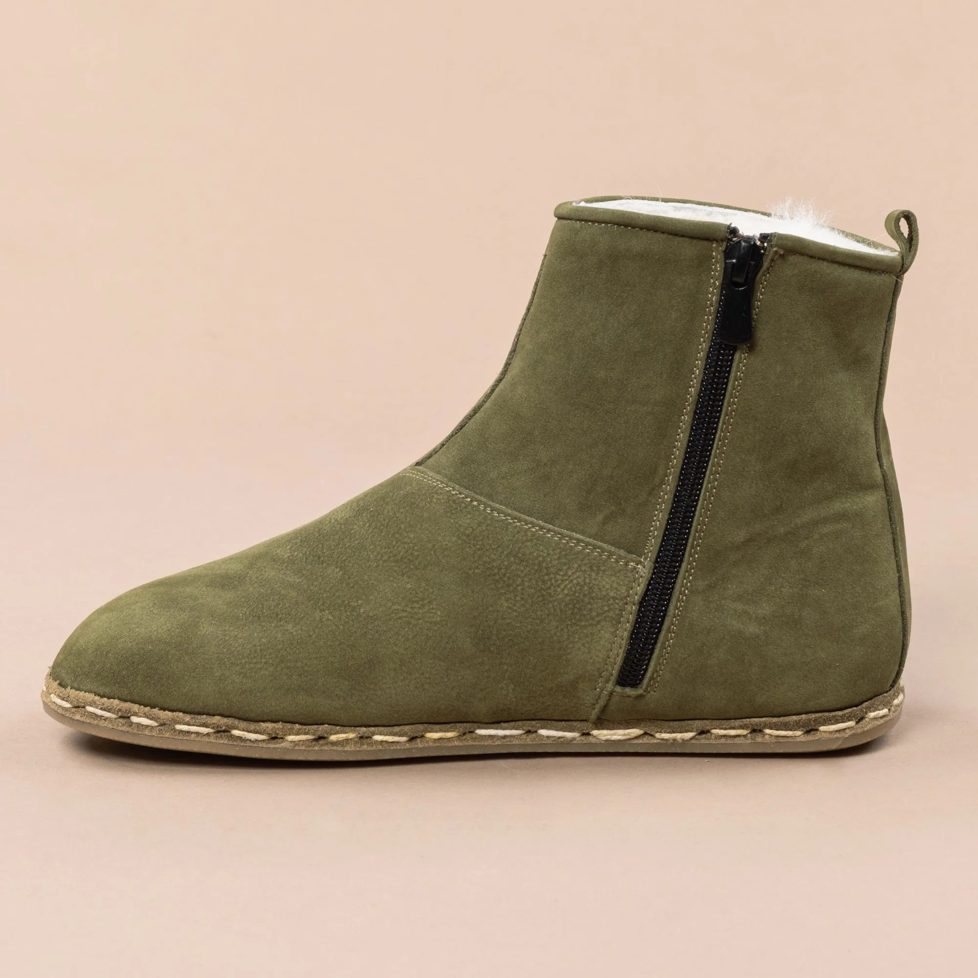 Women's Olive Barefoot Boots with Fur