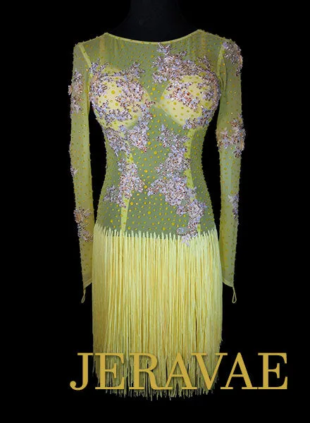 Yellow Mesh Rhythm Dress with Yellow Fringe and Lace with Swarovski stones Size Small LAT079